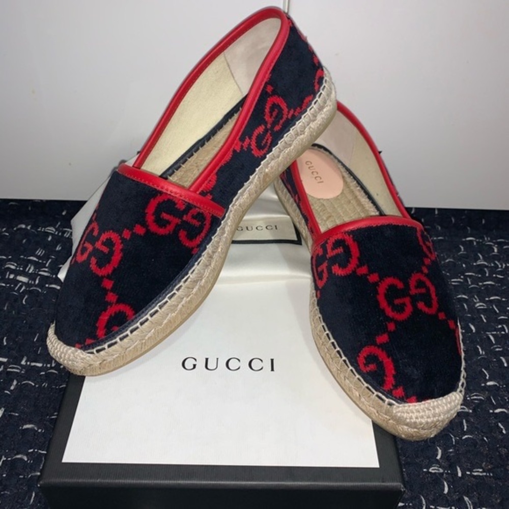 Gucci | Shoes | Navy Blue & Red Velvet Jute Platform Espadrille